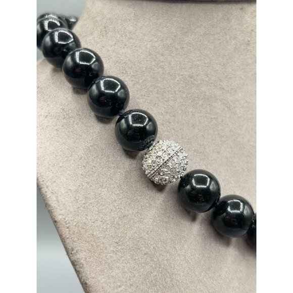 Vintage Black Beaded Glass Necklace Rhinestones Clasp Hand Knotted Fancy Jewelry - Picture 7 of 10